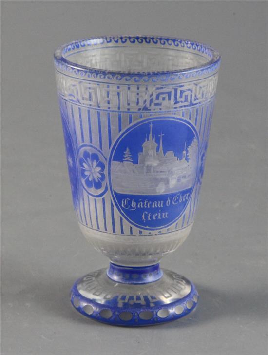 A Bohemian blue overlay glass goblet, c.1860, height 4in.